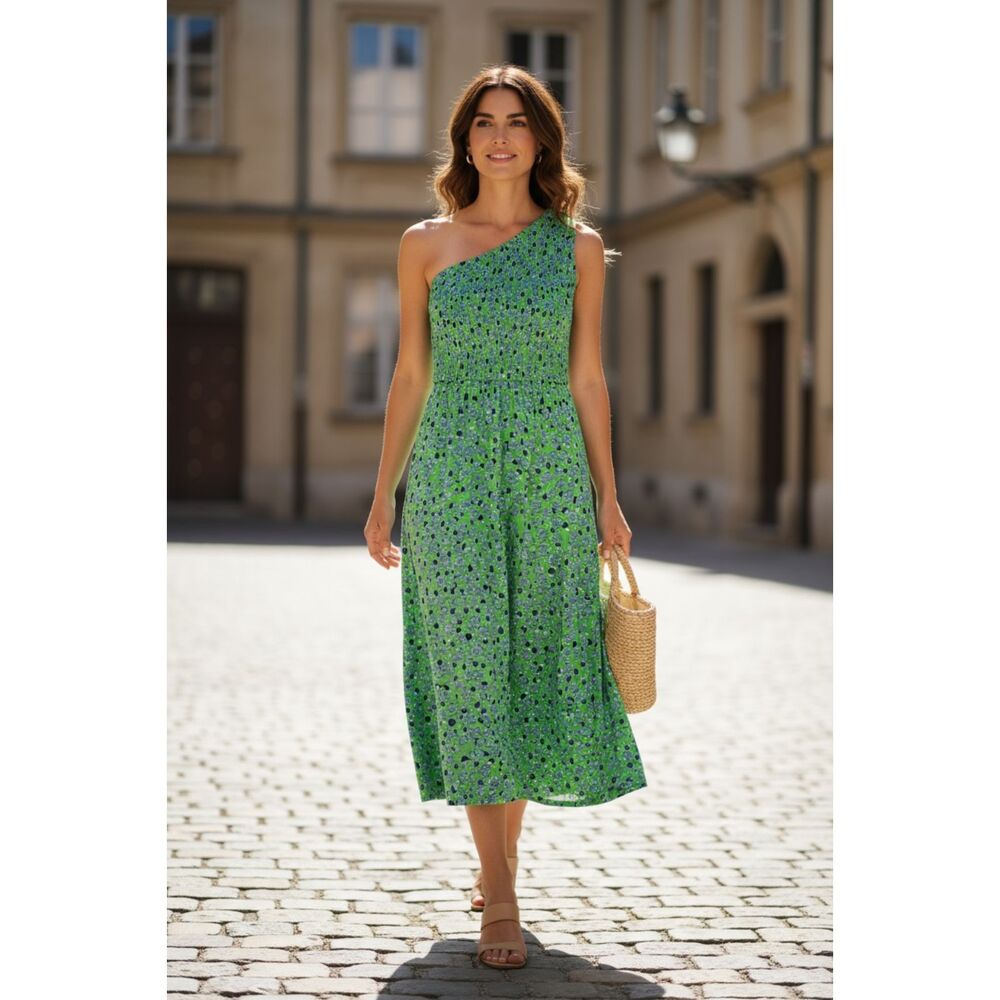 ZCSIA Green Floral One Shoulder 3 Tier Midi Dress Small